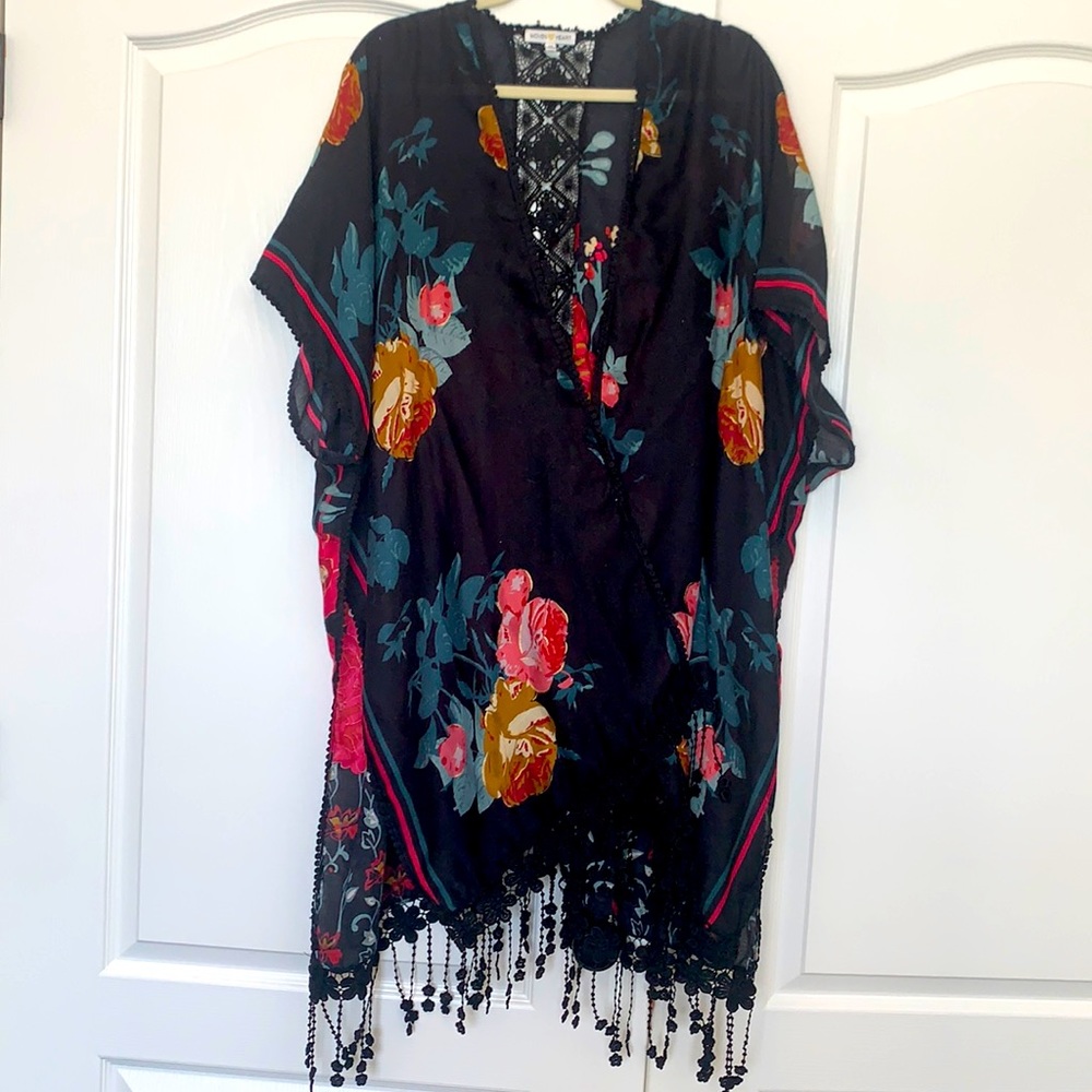 Woven heart boho rose fringe embroidered cardigan size m